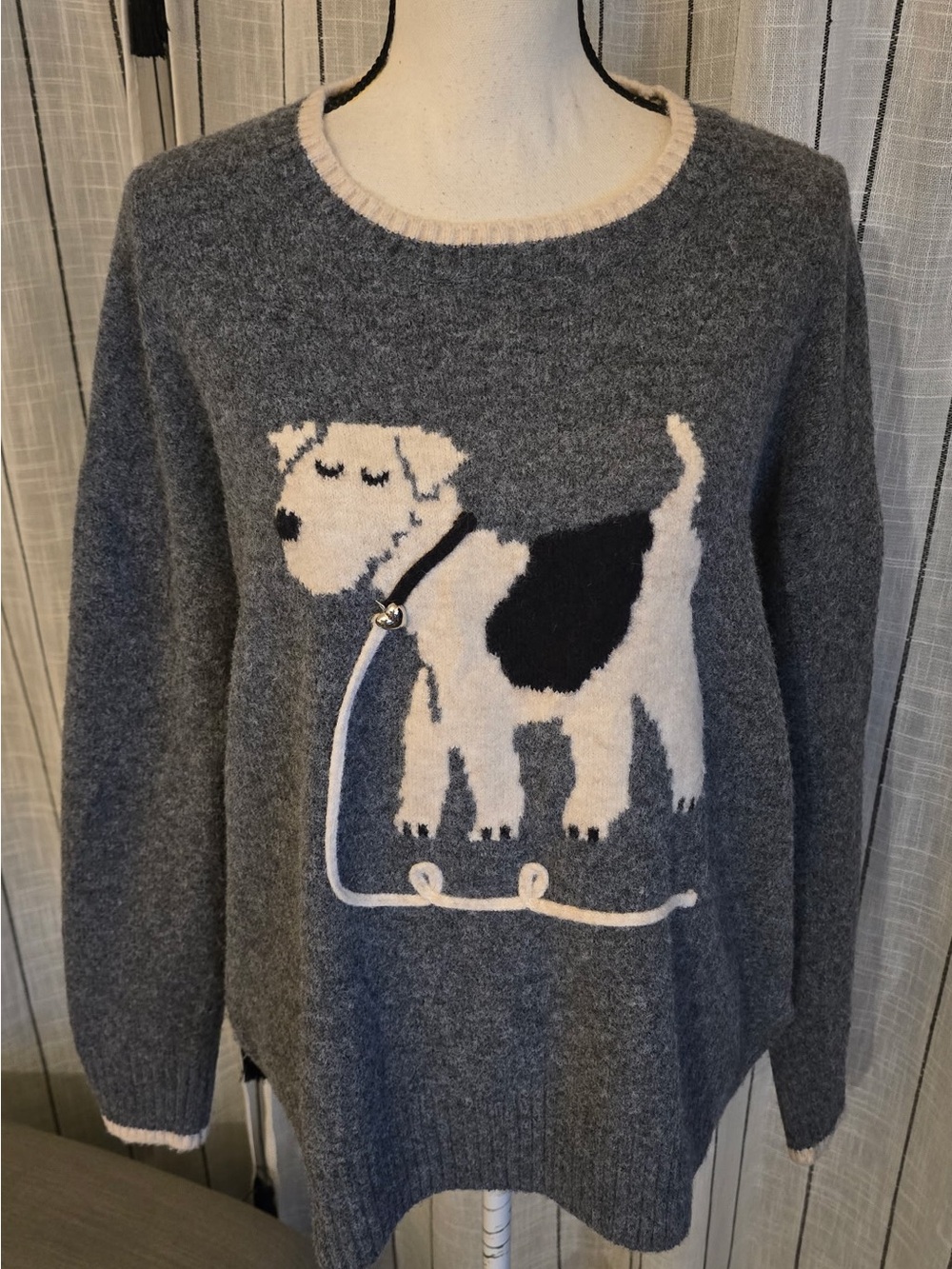 Gray Crewneck Sweater with Cream & Black Dog Motif